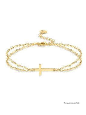 14K Gold Plated Layered Double Chain Cross Bracelet for Women